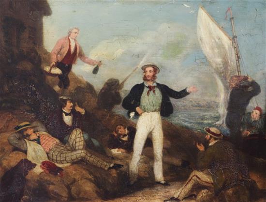 Victorian School Sailor entertaining gentleman and ladies beside the sea, 11.5 x 16in.